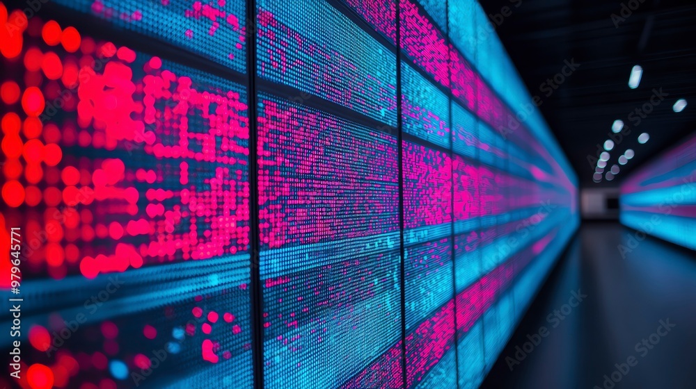 Wall mural vibrant led wall displaying dynamic patterns of light in pink and blue hues, creating a futuristic v