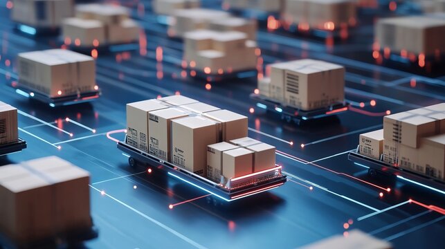 Smart warehouse management system using augmented reality technology to identify package picking and delivery . Future concept of supply chain and logistic business	