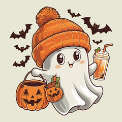 2d vector illustration Halloween t shirt icon design items ghost character Candles in carved pumpkin
