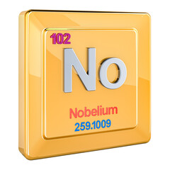 Nobelium No, chemical element sign with number 102 in periodic table. 3D rendering isolated on transparent background