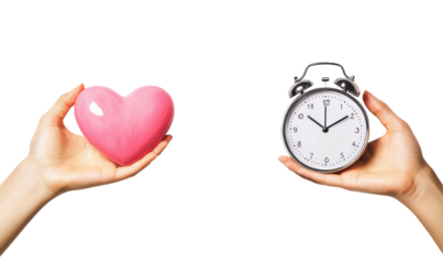 Hand holding a pink heart symbolizing love, paired with an alarm clock representing time isolate on transparent background, cutout, png