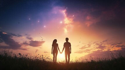 Fototapeta premium A silhouette of a couple holding hands while standing in a field under a mystical, starry sky at sunset, evoking romance, serenity, and a dreamy, peaceful atmosphere