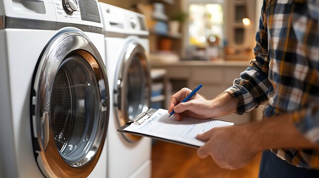 Man Repairing Washing Machine with Tools in Laundry Room