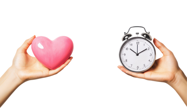 Hand holding a pink heart symbolizing love, paired with an alarm clock representing time isolate on transparent background, cutout, png