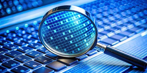 Magnifying Glass on Keyboard Revealing Digital Code, Cyber Security, Data Analysis, Digital Forensics