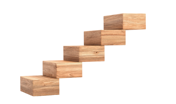 Set of wooden blocks arranged as steps isolate on transparent background, cutout, png
