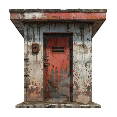 Old abandoned building with peeling paint and a red door stands isolated on a white background