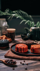 Chinese traditional festival mid-autumn delicacy assortment mooncake for menu restaurant dark cinematic elegant vertical