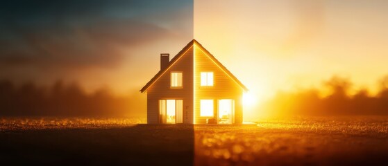 Silhouette of a house split by a sunset, half dark, half light.