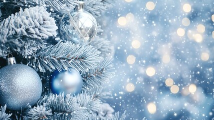 A beautifully decorated snowy evergreen tree with shimmering ornaments against a soft bokeh background during the holiday season