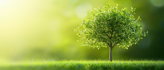 Green tree stands alone in a lush field, surrounded by soft sunlight and vibrant nature, evoking tranquility and peace.