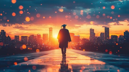 A graduate walks towards a glowing city skyline at sunset, symbolizing new beginnings, achievement, and future aspirations.