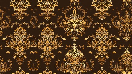 Abstract seamless pattern featuring golden ornaments on a rich brown background Vintage inspired design with elegant gold motifs