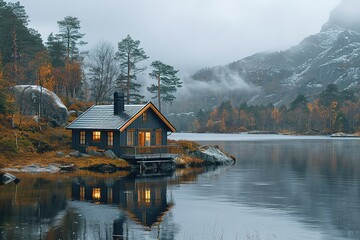 Fototapeta premium A small cabin is on a lake with a view of the mountains