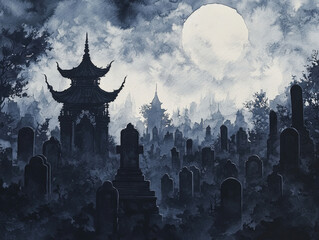 Enchanting Moonlit Graveyard: Chinese Ink Wash Painting of Spirits Dancing on Halloween Night