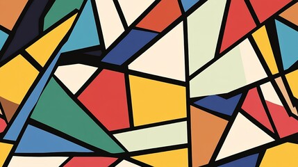 Abstract geometric design featuring colorful shapes arranged in a dynamic pattern against a light background