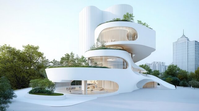 Contemporary museum with a twisting tower and rooftop garden, bold architectural form