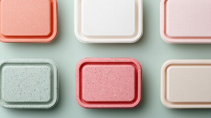 Colorful and stylish food containers in various pastel shades, including pink, green, white, and orange, arranged neatly on soft green background. These containers are perfect for meal prep and storag