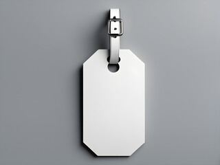 Blank price tag hanging on gray background.