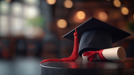 A black graduation cap with a red tassel and a rolled diploma in a dimly lit room, symbolizing academic achievement.