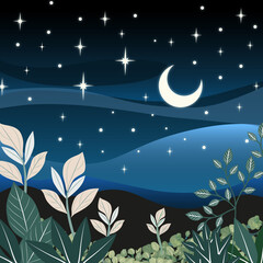 Night scene with half-moon with meadow background and green plants in the foreground.