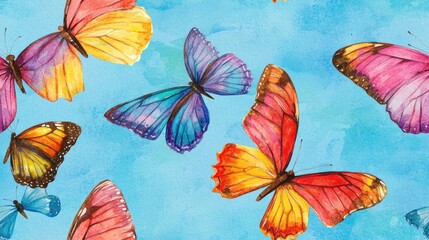 Obraz premium Seamless butterfly pattern on a summer background featuring colorful insects in flight showcasing nature s beauty through watercolor textures and vibrant wing designs against a blue canvas sky