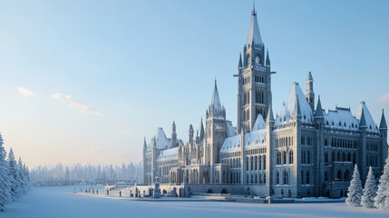 Fototapeta premium Majestic Stone Castle in Winter Wonderland with Snow Covered Trees