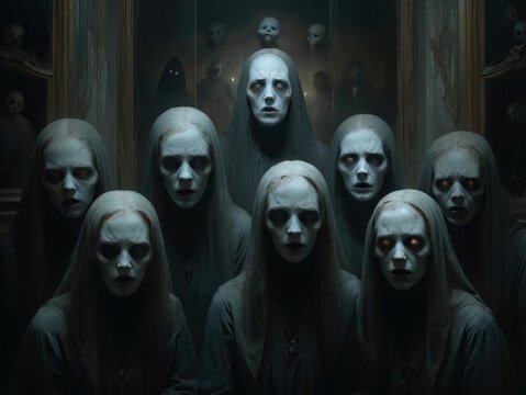 A painting of a group of scary dead ghosts with white faces and dark eyes standing in a haunted manor looking staright at the camera. Spooky Halloween horror gothic art illustration. 