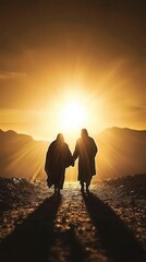 Jesus walking alongside a person struggling with heavy burdens, glowing light symbolizing support