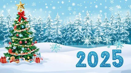 Fototapeta premium Festively decorated Christmas tree with gifts in a snowy landscape celebrating the arrival of New Year 2025