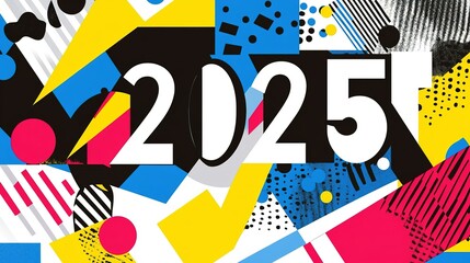 Obraz premium Colorful abstract design featuring bold numbers 2025 with vibrant shapes and patterns, creating a lively atmosphere that signifies celebration