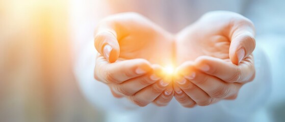 Warm glow radiating from open hands, symbolizing hope, care, and the power of giving in a serene, light-filled atmosphere.