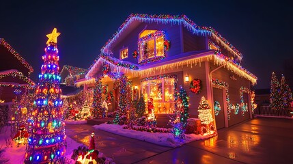A beautifully decorated house illuminated with colorful Christmas lights, creating a festive atmosphere during the holiday season.