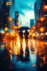 Obraz premium A group of friends walking through the city, enjoying the urban atmosphere and bright lights.