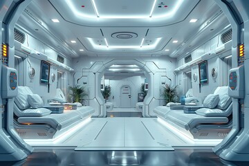 A futuristic space station with white walls and white beds