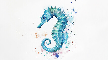 Blue seahorse swimming through watercolor splashes