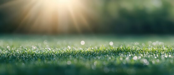 Sunlight glimmers on fresh green grass, creating a serene and peaceful outdoor atmosphere, perfect for nature lovers.