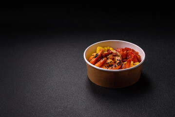 Boiled tiger shrimps with porridge, tomatoes and corn