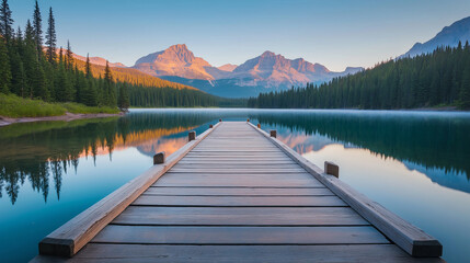 Wooden dock stretching into still mountain lake at sunrise