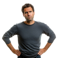 Obraz premium A man with his hands on his hips, glaring off to the side with a scornful expression isolated on transparency background