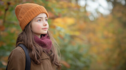 Fototapeta premium Young girl exploring forest in autumn wearing warm clothes