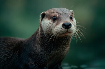 Obraz premium Stunning close-up photo portrait of a cute otter isolated on green background looking straight in the camera. Beautiful wildlife animal nature photography illustration.