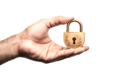 Hand holds a vintage brass padlock symbolizing security and protection isolate on transparent background, cutout, png