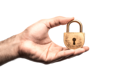 Hand holds a vintage brass padlock symbolizing security and protection isolate on transparent background, cutout, png
