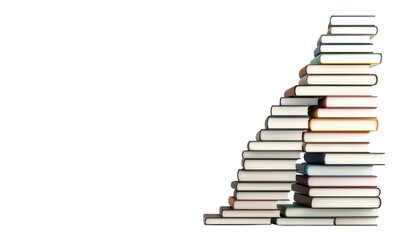 Large stack of books arranged in a staircase shape isolate on transparent background, cutout, png
