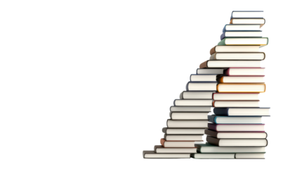 Large stack of books arranged in a staircase shape isolate on transparent background, cutout, png
