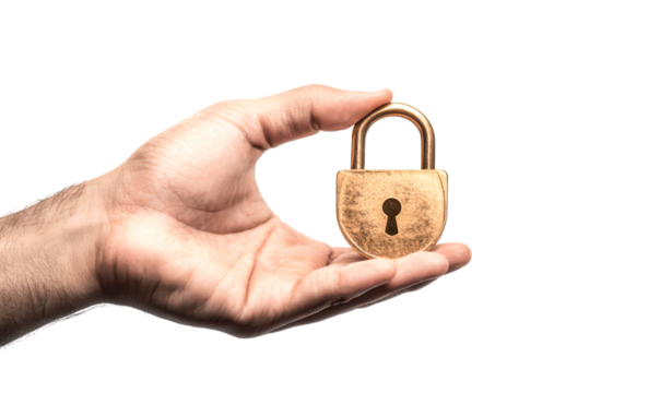 Hand holds a vintage brass padlock symbolizing security and protection isolate on transparent background, cutout, png