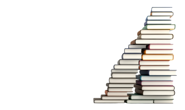 Large stack of books arranged in a staircase shape isolate on transparent background, cutout, png
