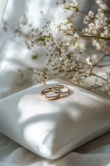 wedding rings on a white pillow. Selective focus