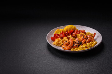 Boiled tiger shrimps with porridge, tomatoes and corn